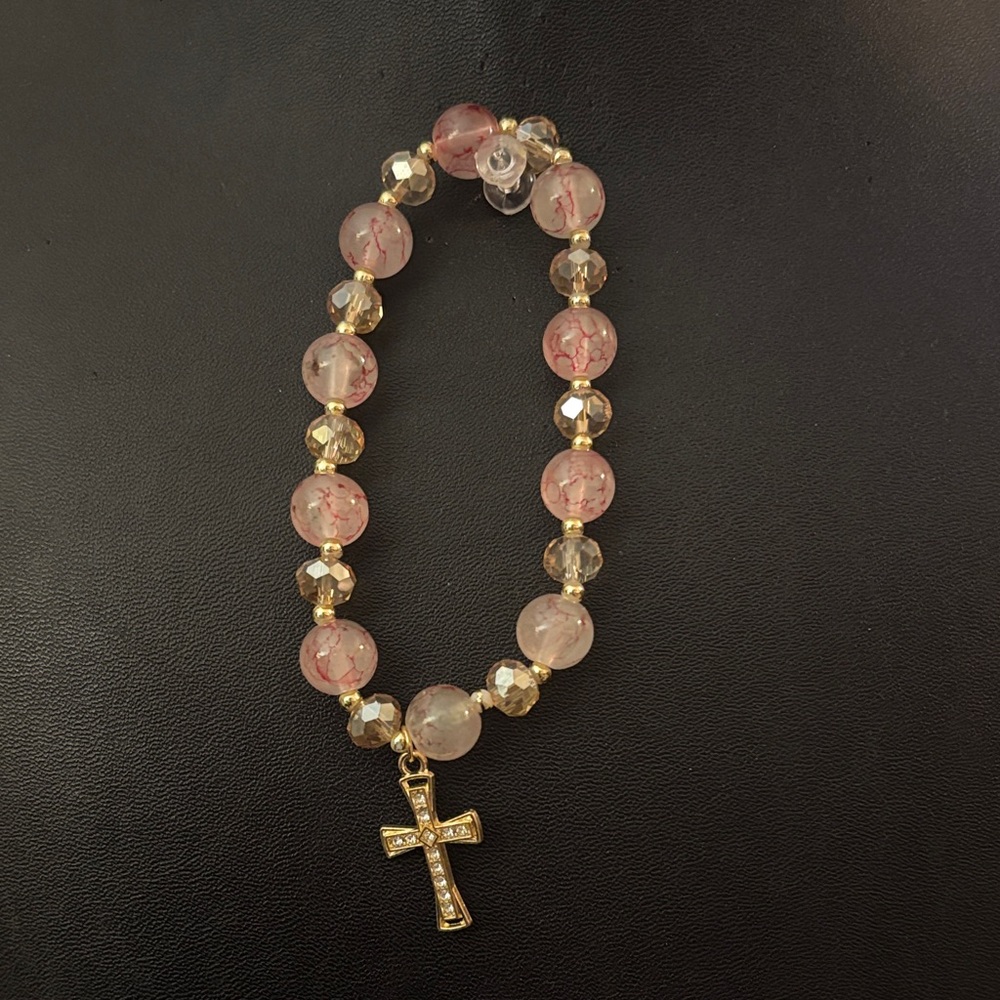 Pink and Gold Beaded Bracelet with Cross Charm